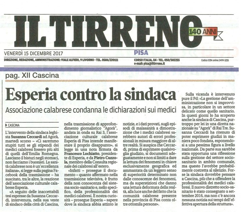 Esperia, l’associazione  culturale dei calabresi di Pisa risponde al Sindaco di Cascina