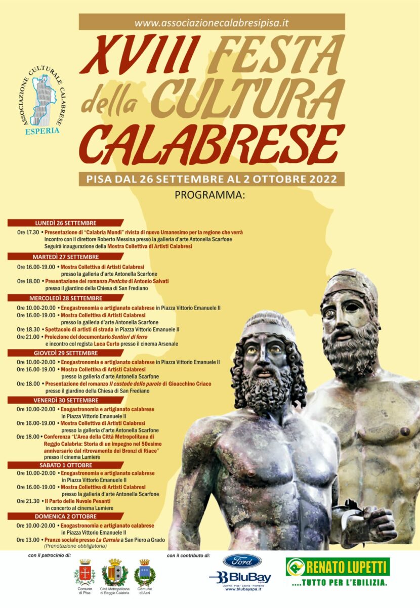 Programma ufficiale della XVIII festa della cultura calabrese dal 26 Settembre al 2 ottobre a Pisa